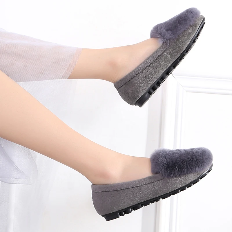 Winter Shoes Woman Flats Rabbit Fluffy Fur Faux Suede Leather Warm Loafers Soft Sole Roll Egg Peas Ballet Flat Mother Shoes
