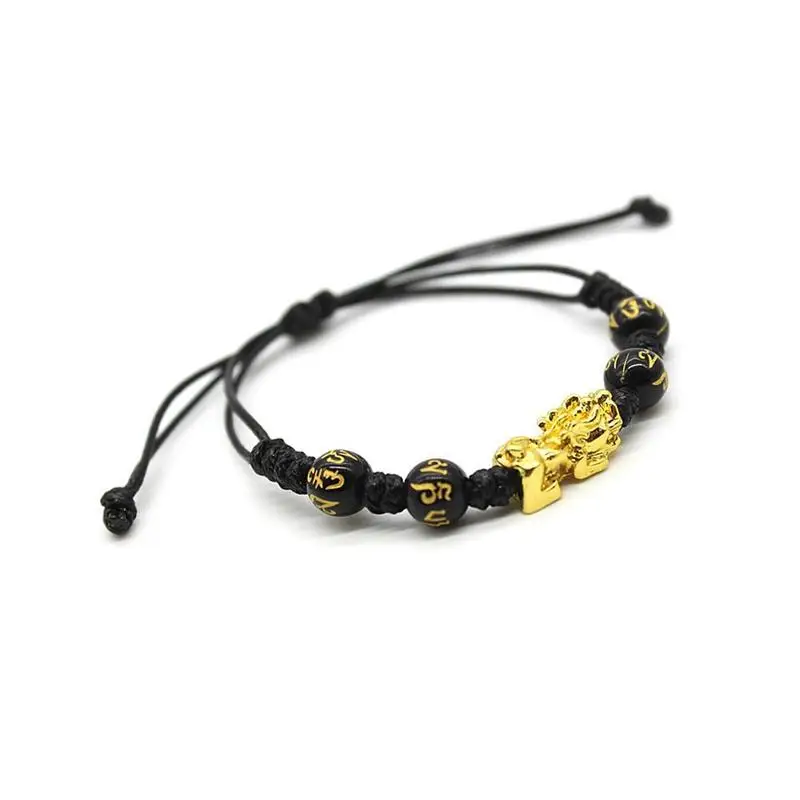 Feng Shui Black Obsidian Bracelet Braided Pixiu Bracelet Lucky Handmade Wealth Amulet Braided Unisex Gift Decoration