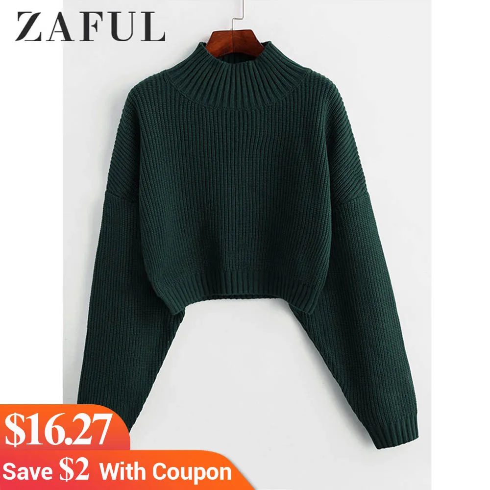 

ZAFUL Drop Shoulder High Neck Plain Sweater Short Length Elastic Solid Color Sweater Autumn Winter Warm Women Daily Pullover2019