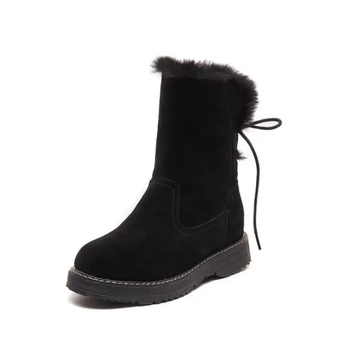 Winter Leather Warm Snow Shoes Women Boots mid-calf Plush Fur Velvet Boots Female shoes Booties Woman Footwear y190 - Color: Black