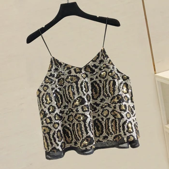 

Korea New Summer Bling Bling Sexy Leopard Sequins Female Camisole V Neck Short Sleeveless All-match Women Tanks & Camis