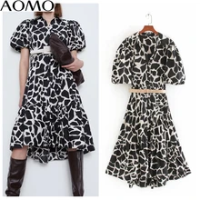 AOMO 2020 moda mujer vestido estampado animal con cinturón puff manga corta señoras vintage vestidos CE255A