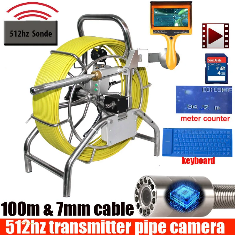 Video Audio Record Keyboard 512hz Sonde Distance Counter Photograph Rechargeable 6600mah Battery Self Leveling Video Inspection Drain Camera Survey Sewer Pipe Camera with 130ft Cable LED Adjust