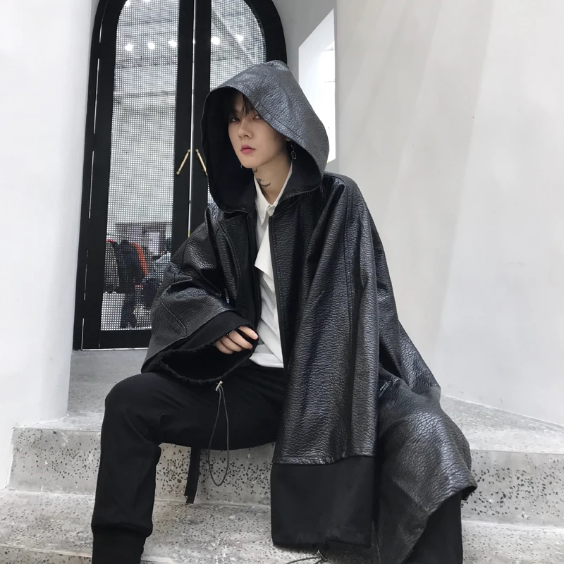 Autumn Winter Long Leather Trench Coat Men Hip Hip Punk Hooded Cloak Black Vintage Gothic Overcoat Jacket