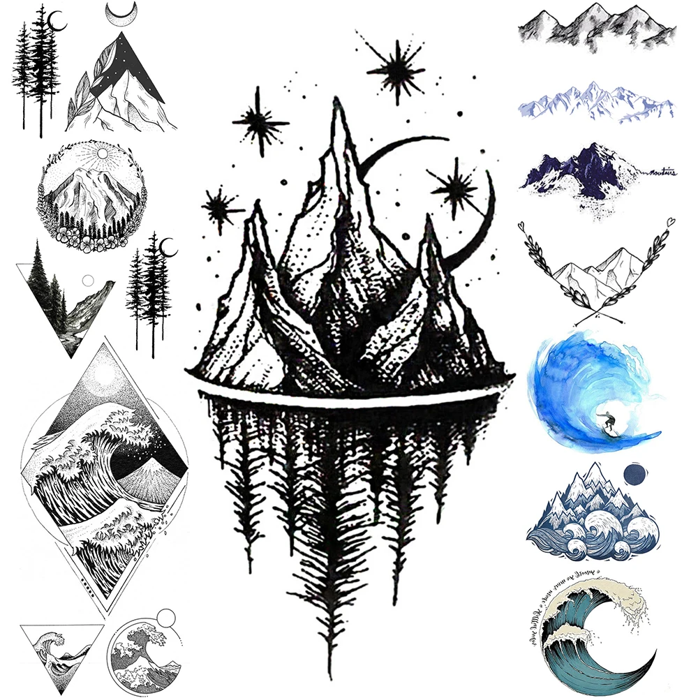 

Горный DIY Поддельные Временные татуировки для детей, мужчин, мальчиков, алмазная татуировка, наклейка, переводная вода, морская волна, тату для женщин, мужчин, тело, рука, искусство