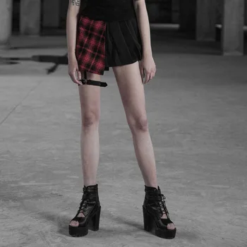 

PUNK RAVE Women's Punk Lattice material Asymmetrical Design Age-reduced Half Skirt Daily Casual Mini Women Skirts