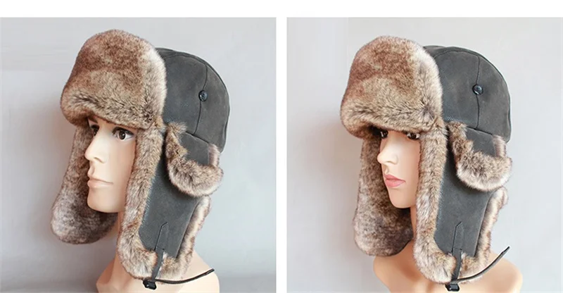 sheepskin bomber hat B-8480 Bomber Hats Faux Leather Fur Men Winter Warm Plush Earflap Women's Russian Ushanka Hat Aviator Trooper Snow Ski  Caps brown leather bomber hat