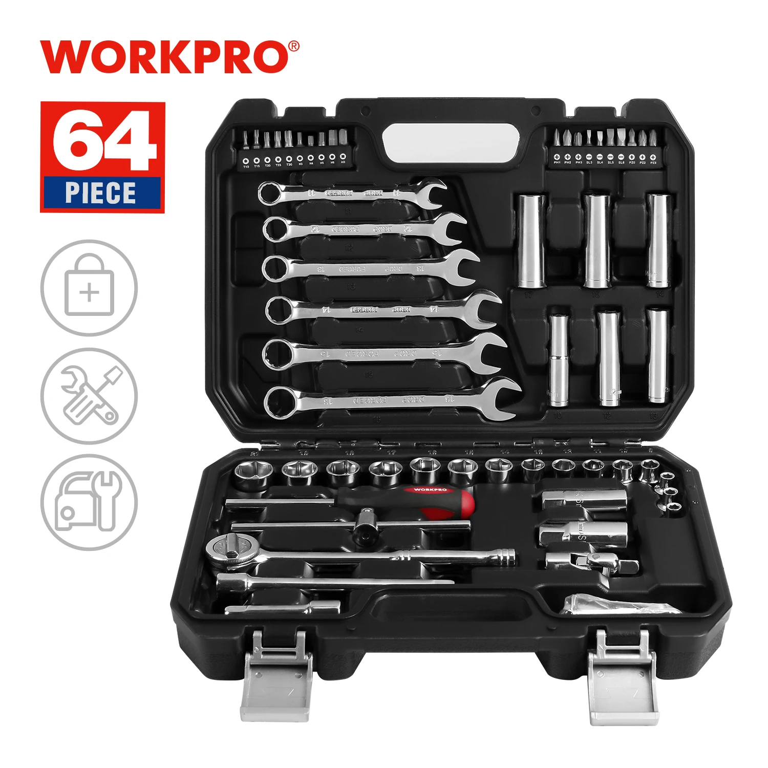 Workpro 64pc Mechanic Tool Set For Car Repair Ratchet Handle Wrench Socket Set Home Tool Kits