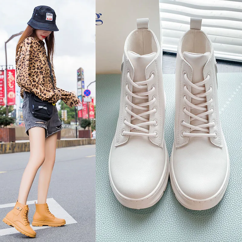 

The British Martin Boot Girl Motorcycle Platform Student Ankle Boot Round Toe Confortable Sole Lace Up Pu Casual Mujer Chaussure