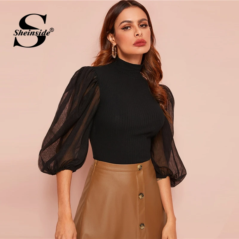 Sheinside черная футболка с высоким воротом и рукавом-фонариком для женщин Весенняя контрастная Сетчатая футболка с рукавом 3/4 топы для девушек ребристый вязаный Топ
