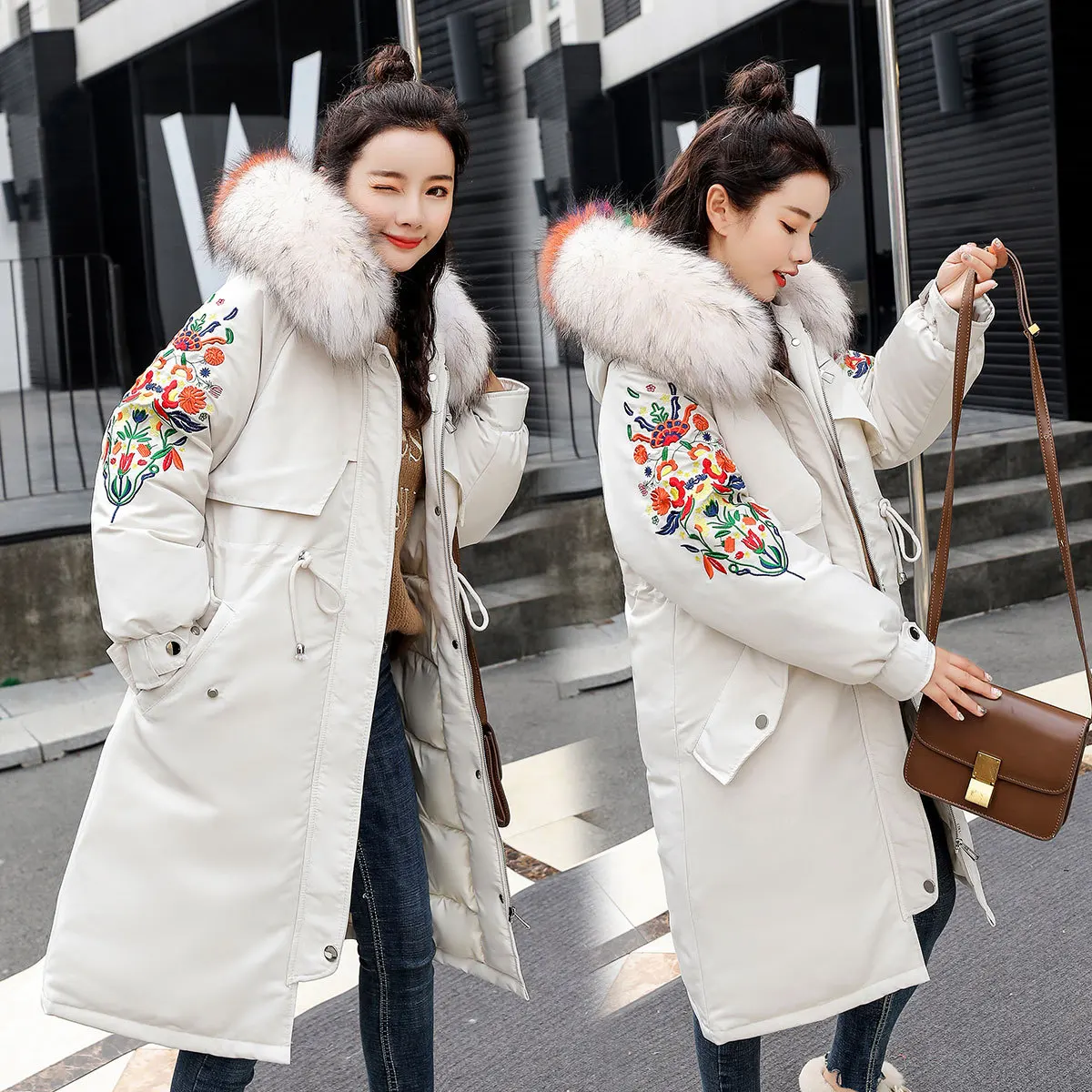 

Pike Color Ultra Large Fur Collar Casual Embroidered down Jacket Cotton-padded Clothes Women's Mid-length 2018 New Style Fashion