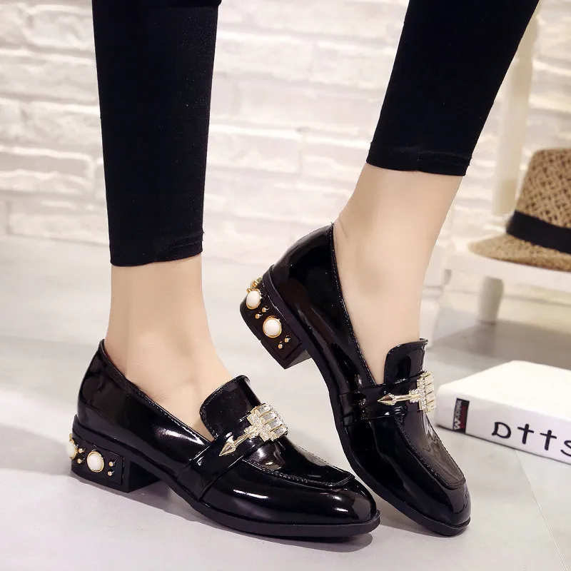 Pearls Small leather shoes woman glitter crystal square toe flats loafers designer studs thick heels oxfords slip on derby | Обувь