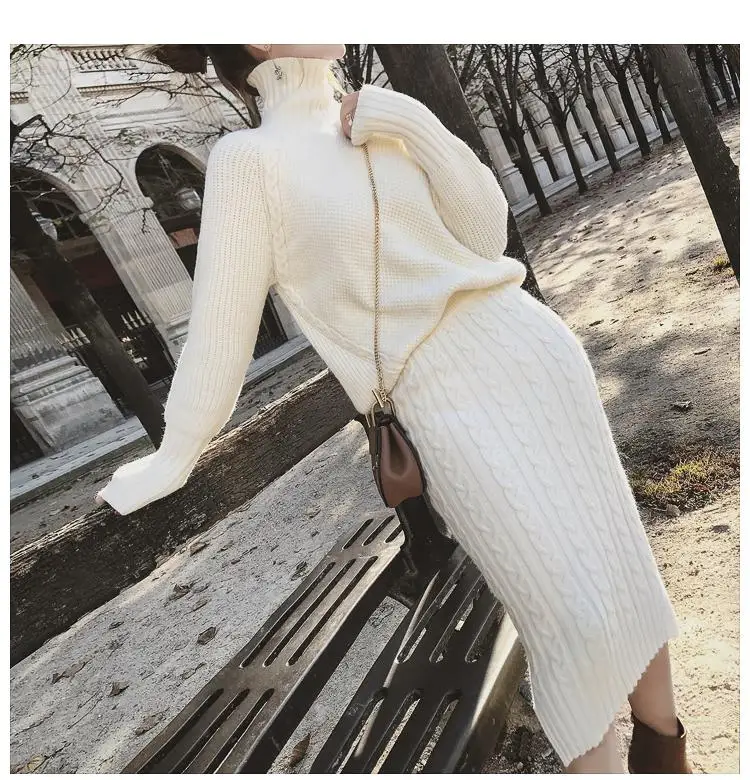 Twisted Knitted 2 Piece Sets Outfits Women Long Sleeve Turtleneck Pullover Sweater+ Split Pencil Skirt Suits Ladies Fashion Set - Цвет: white