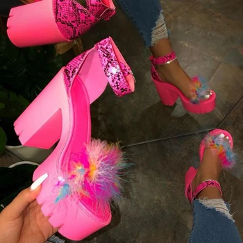 

High quality comfortable fashion sexy solid color plus size sandals New summer feather decoration super high heel women sandals