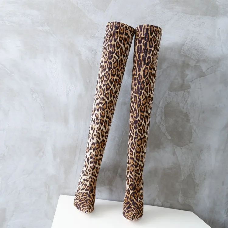 Американский размер 4,5-11; женские леопардовые ботфорты выше колена; облегающие сапоги для верховой езды; зимние сапоги на шпильке из эластичной ткани; V16