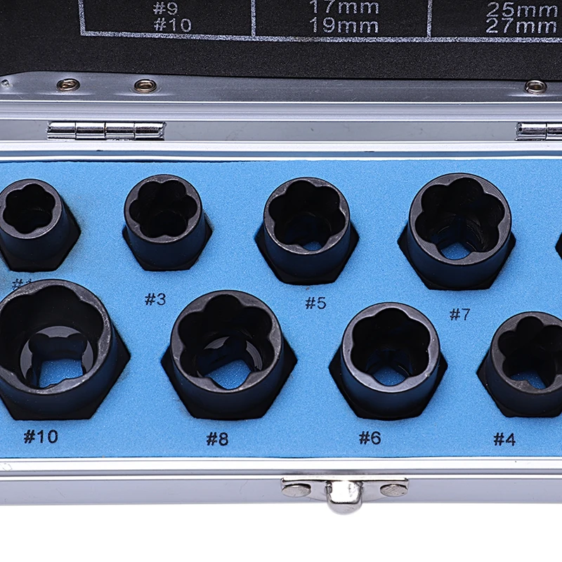 10Pcs High section Damaged Bolt Nut Screw Remover Extractor Removal Set Nut Removal Socket Tool Black 9-19mm