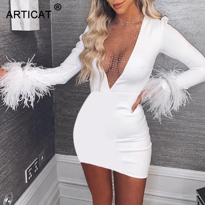 Articat Sexy Deep V Neck Mesh Bodycon Dress Women Long Sleeve Bodycon Sequin Christmas Dress Fashion Winter Party Dress Vestidos - Цвет: Белый