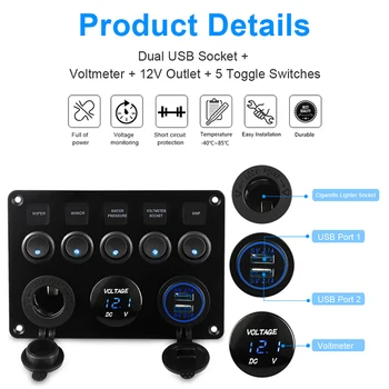 

Car Marine Boat LED Rocker Switch Panel Circuit Digital Voltmeter 5 Gang Dual USB Port Outlet Car Ship Yacht Combination Panel