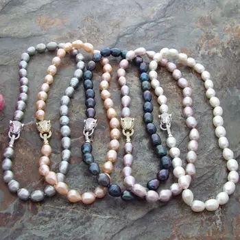 

HAND KNOTTED 10-12MM WHITE BLACK GRAY PINK PURPLE FRESHWATER RICE PEARL LEOPARD HEAD MICRO INLAY ZIRCON NECKLACE LONG 43CM