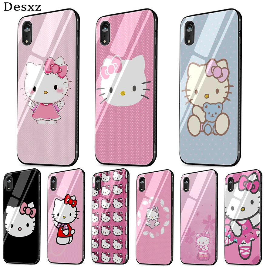 

Mobile Phone Glass Case For iPhone 5 5s SE 6 6s 7 8 Plus XR X XS Max Cover Lovely Pink Hello Kitty Shell