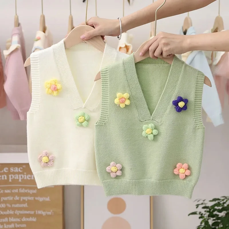 Colorful Flower Knit Vest Girls Spring Autumn V-Neck Sleeveless Jacket Waistcoat Sweet Baby Sweater Infant Out Wear Clothing Tod