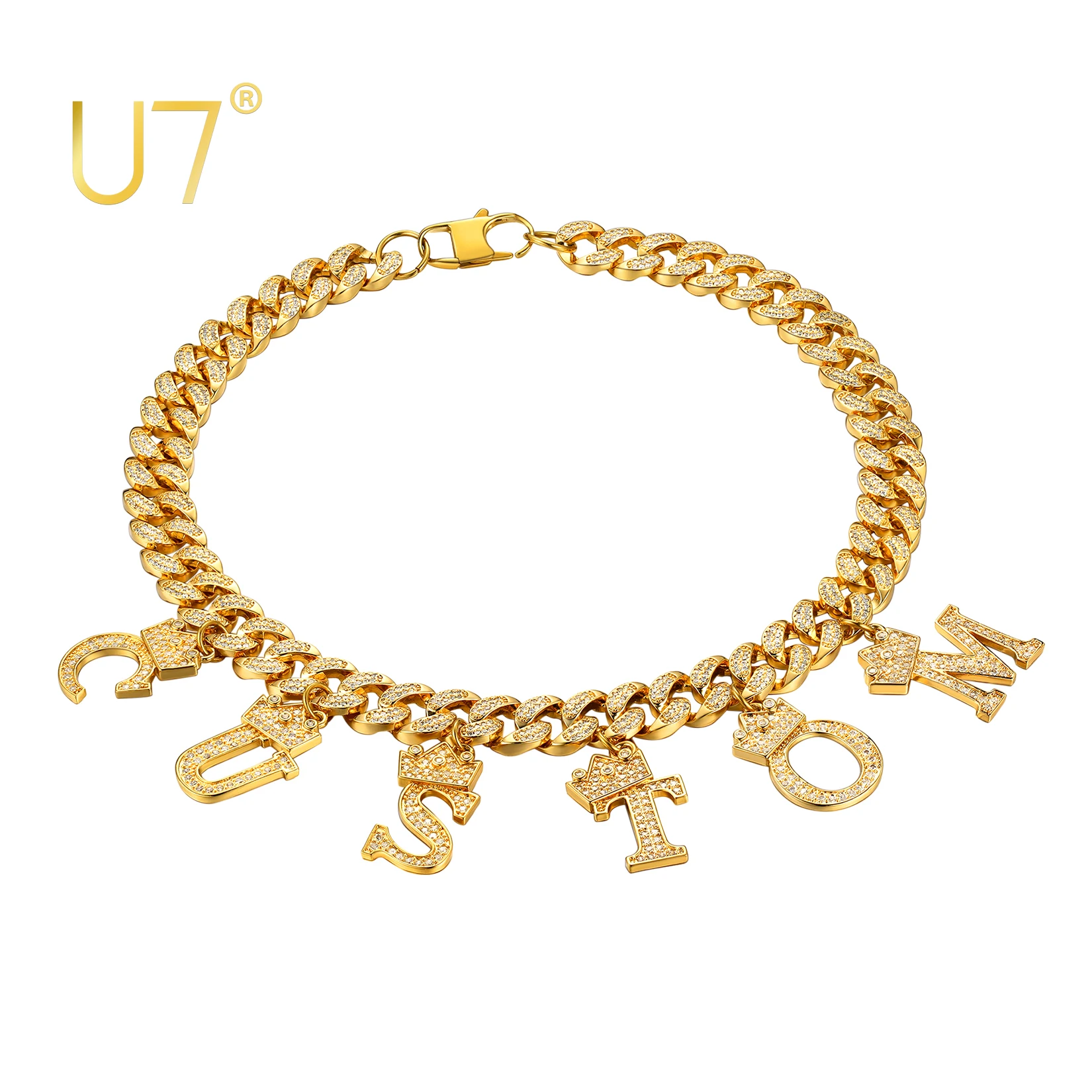 U7 Rapper's Chain Hip Hop Cuban Curb Chain Link Necklace Customized DIY Bold Letter Initial Charm Punk Collar Choker for Men