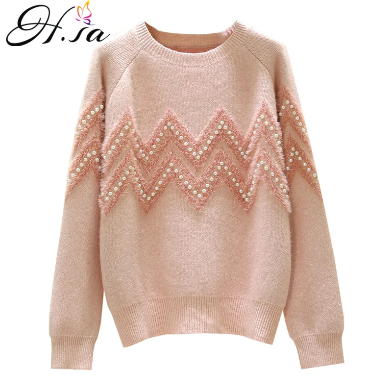H.SA 2020 Women Sweaters Oneck High Quality Pearl Beading Loose Sweater Tops Pink Mohair Full Jumpers Spring Casual Outerwear | Женская