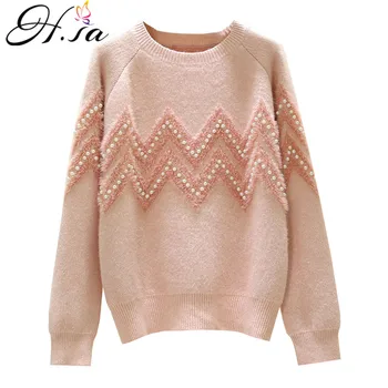 

H.SA 2020 Women Sweaters Oneck High Quality Pearl Beading Loose Sweater Tops Pink Mohair Full Jumpers Spring Casual Outerwear