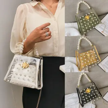

Women Transparent PVC Clear Pearl Jelly Bag Tote Casual Handbag Messenger Bag