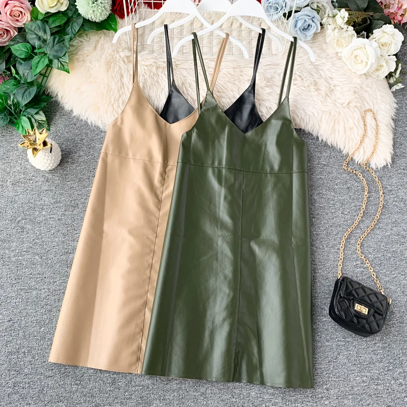 Online 2019 nuevo Primavera Verano moda PU cuero vestido Mujer mini sexy vestido cremallera negro Correa vestidos vestido de fiesta puro
