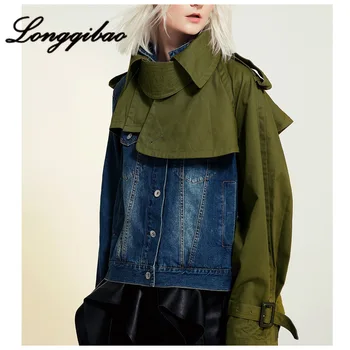

High street cotton single-breasted denim stitching color cloak design fake two-piece set woven belt windbreaker jacket denim jac