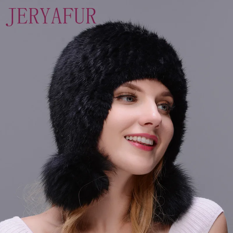 COLOR1 Heisser Verkauf Reale naturliche Nerz Doppel Eng Gewebten Hut Für Frauen зима Каппе Mit Drei Fuchs Pelz Pom poms Dick Und - Цвет: COLOR1