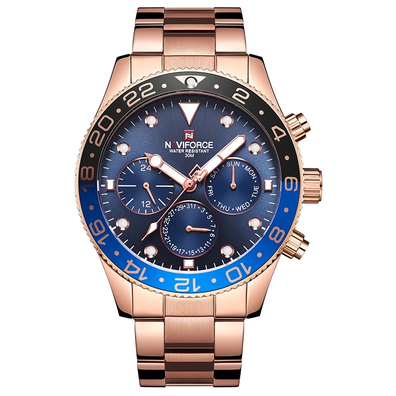 RoseGold Blue NAVIFORCE мужские часы Топ люксовый бренд бизнес новые мужские военные водонепроницаемые спортивные кварцевые часы для отдыха Relogio Masculino - Цвет: RoseGold Blue