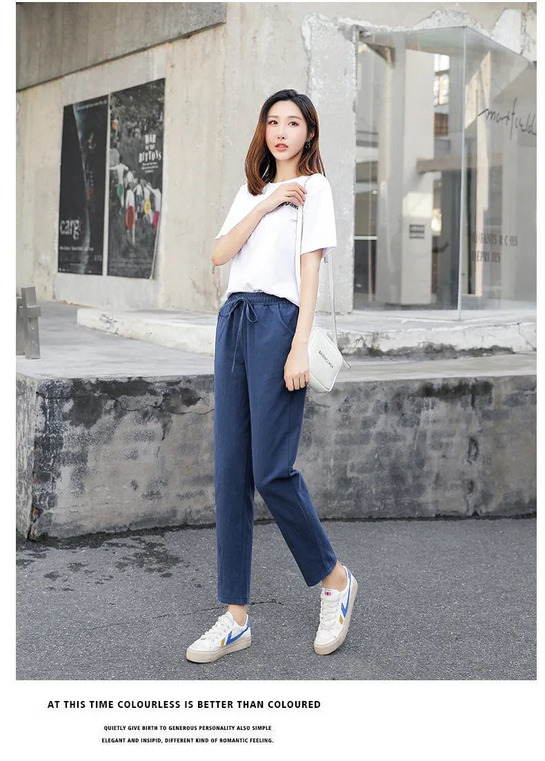 Spring Cotton Linen Pants Plus Size Loose Women Ankle Length Harem Pants Pocket Elastic High Waist Casual Trousers Orange Black