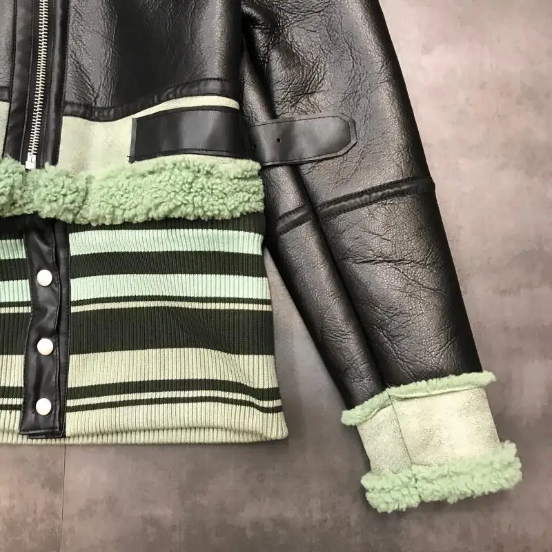 winter new disassembly knit thread collar fur thick waist PU leather leather jacket
