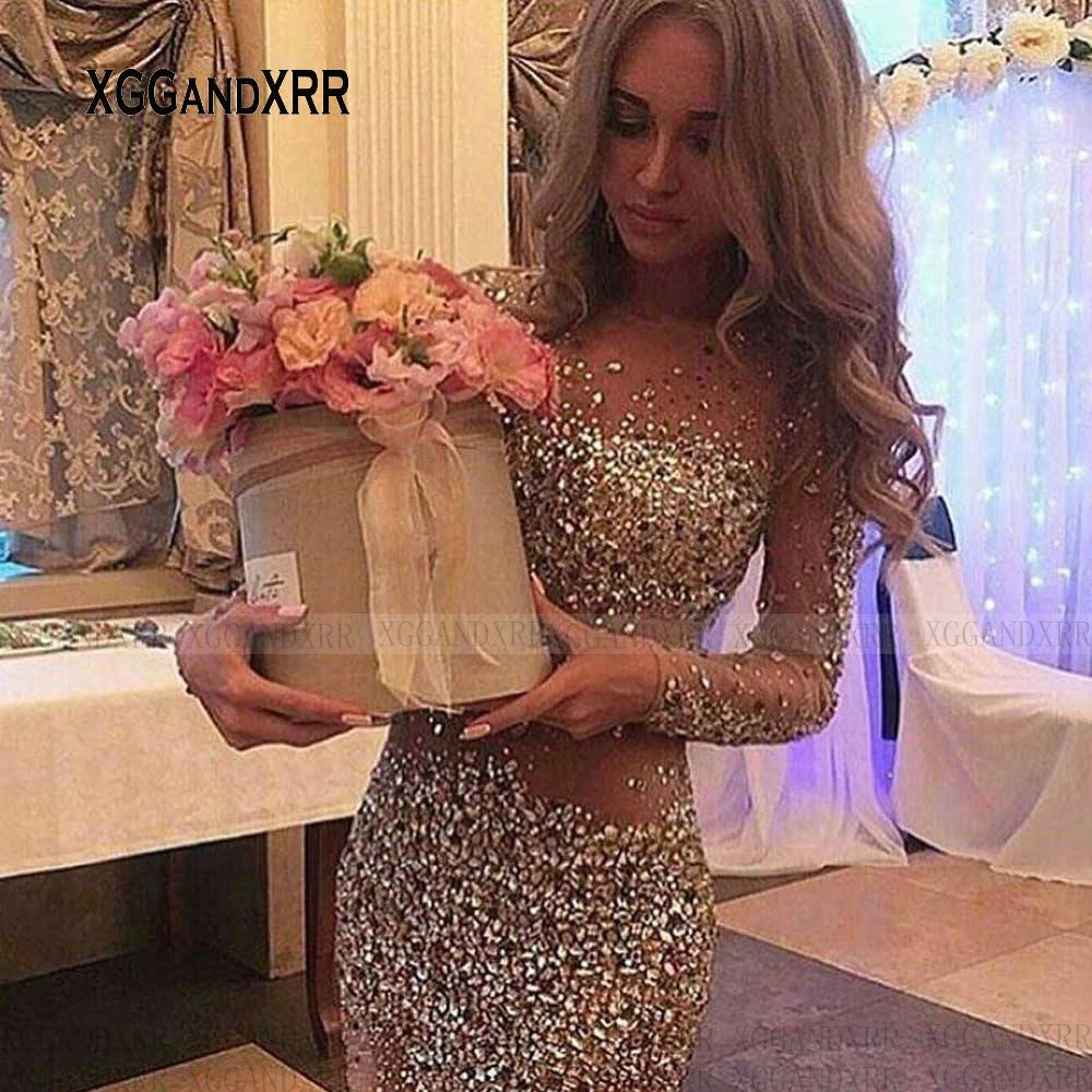 Impresionante Vestido corto de manga larga para minivestido Sexy de talla grande con diseño de ilusión, cuentas de cristal|Vestidos de graduación| - AliExpress