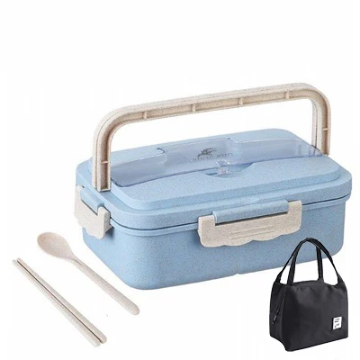 W-Blue-Set Ланч-бокс для микроволновки Герметичная крышка посуда офисный школьный контейнер для еды многофункциональная решетка прочная Пшеничная солома Bento Box - Цвет: W-Blue-Set