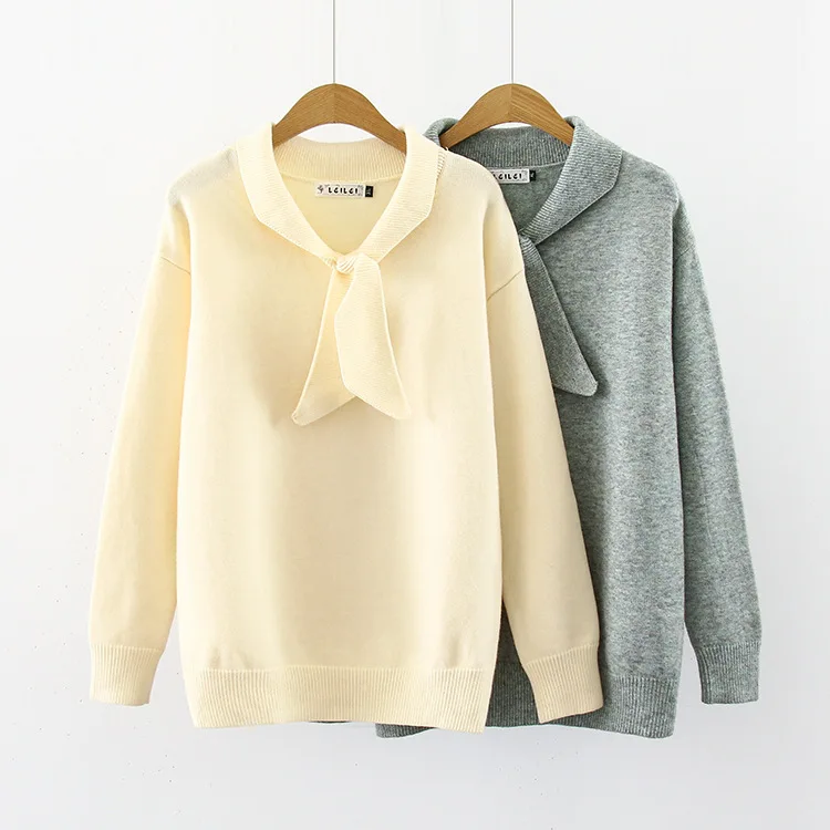 

College Style Large Size Long-sleeve Knitwear 2019 Autumn New Style Fat Mm Western Style Loose-Fit Lace-up Bow Sweater 6572