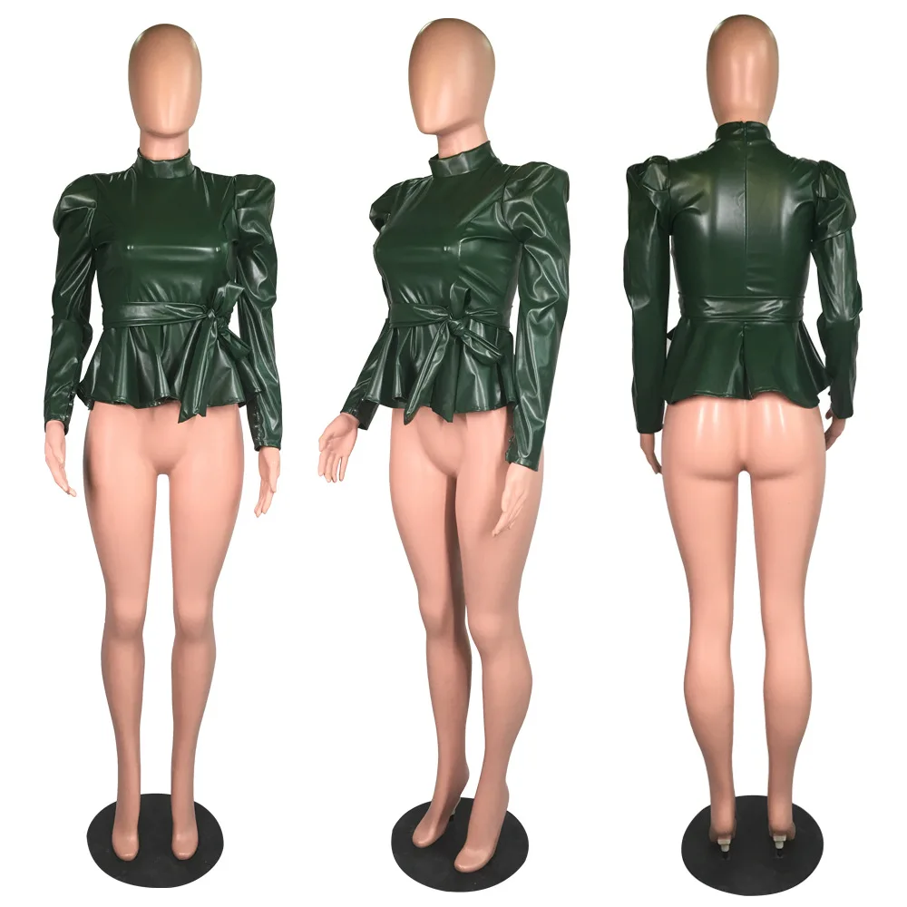 Adogirl Solid PU Leather Peplum Top 2019 Autumn Winter Turtleneck Long Puff Sleeve Fashion Casual Shirt with Belt Female Outfits Adogirl Solid PU Leather Peplum Top 2019 Autumn Winter Turtleneck Long Puff Sleeve Fashion Casual Shirt with Belt Female Outfits