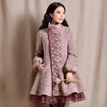 Новое поступление осень зима женское милое рукав в форме фонаря с вышивкой шерстяное пальто женское винтажное пальто плюс размер r1727