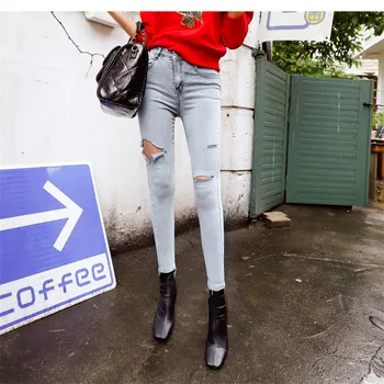 

2020 new fashion design high waist thin ripped jeans personality slim casual joker with small feet nine minutes pants
