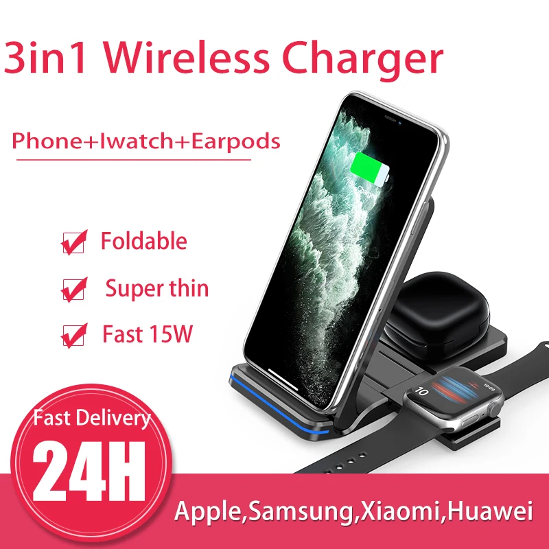 3in1 QI Foldable Wireless Charger Stand For Iphone 12 11 XS X Fast 15W Wireless Charging Dock Station For IWatch AirPods