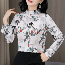 Korean Silk Blouse Women Satin Blouses Shirts Women Long Sleeve Blouse Top Fashion Woman Floral Shirt Woman V-neck Print Shirt
