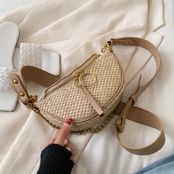 

NEW Original Design Fashion Chain Chest Bag Elegant Ladies Shoulder Bag Handmade Straw Bag Width 23cm Height 14cm Thickness 9cm
