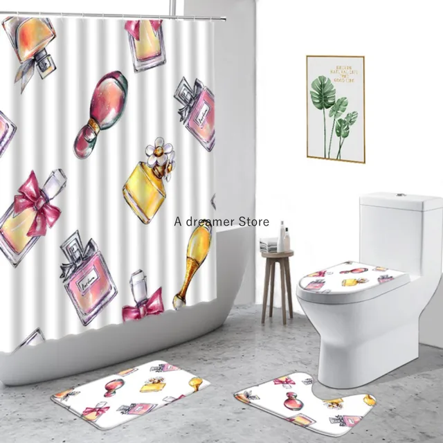 MUMUWUSG 4-Piece Floral Shower Curtain Set with Non-Slip Rugs, 4 Piece Set Polyester Fabric Floral Shower Liner, for Bath Tub