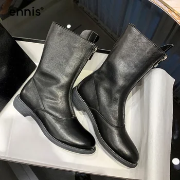 

ENNIS Genuine Leather Women's Boots Black Front Zipper Boots Sheepskin Designer Shoes Flat Ladies Boots Brand Burgundy 2020 A48A