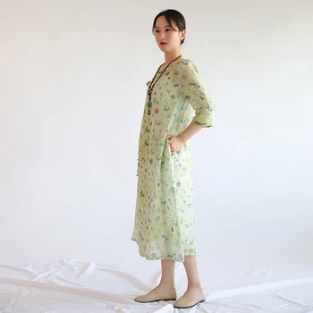 

Summer Chinese retro buckle ramie dress was thin and artistic loose