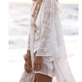 

New Bohemian Women's Shirt Fringed Lace Kimono Cardigan White Tassel Beach Blouse Shawl Shirt Female Veil