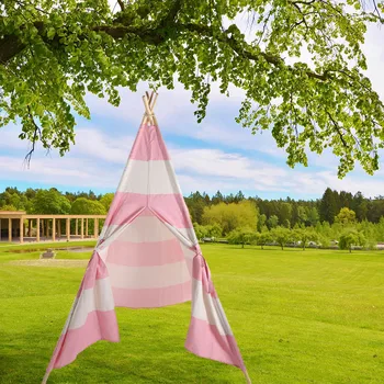 

Teepee Tent 4 Poles Kids Play Tent Children Playhouse for Indoor Outdoor Pink Stripes