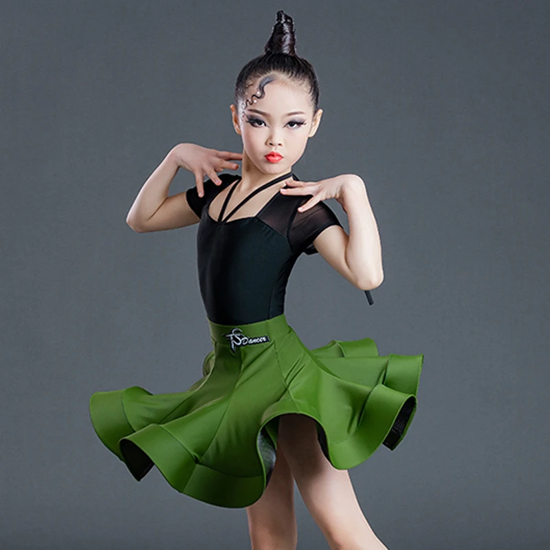 Girls Latin Dance Practice Wear Black Leotard Fish Bone Skirt Children